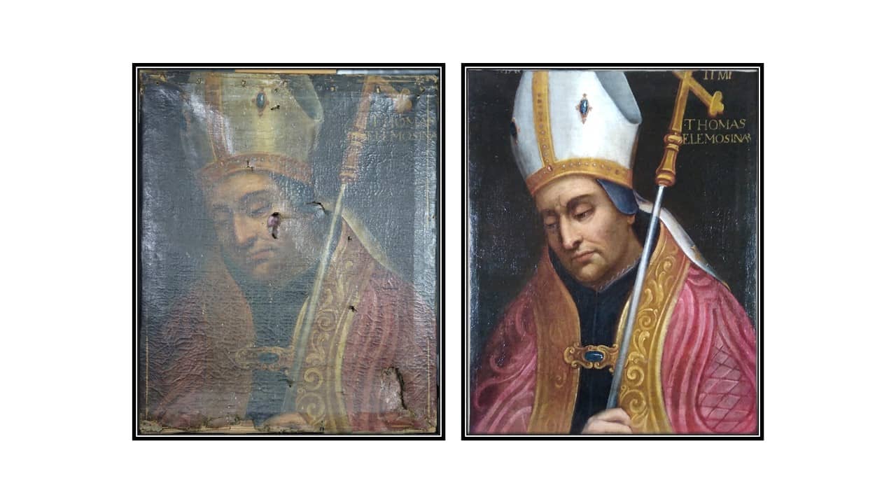 Comparaison avant & après restauration d’un tableau ancien représentant Saint-Thomas